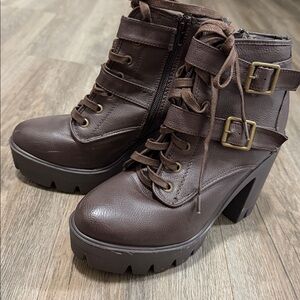 BAMBOO Dark Brown Lace-Up Combat Boots with Buckle Strap
